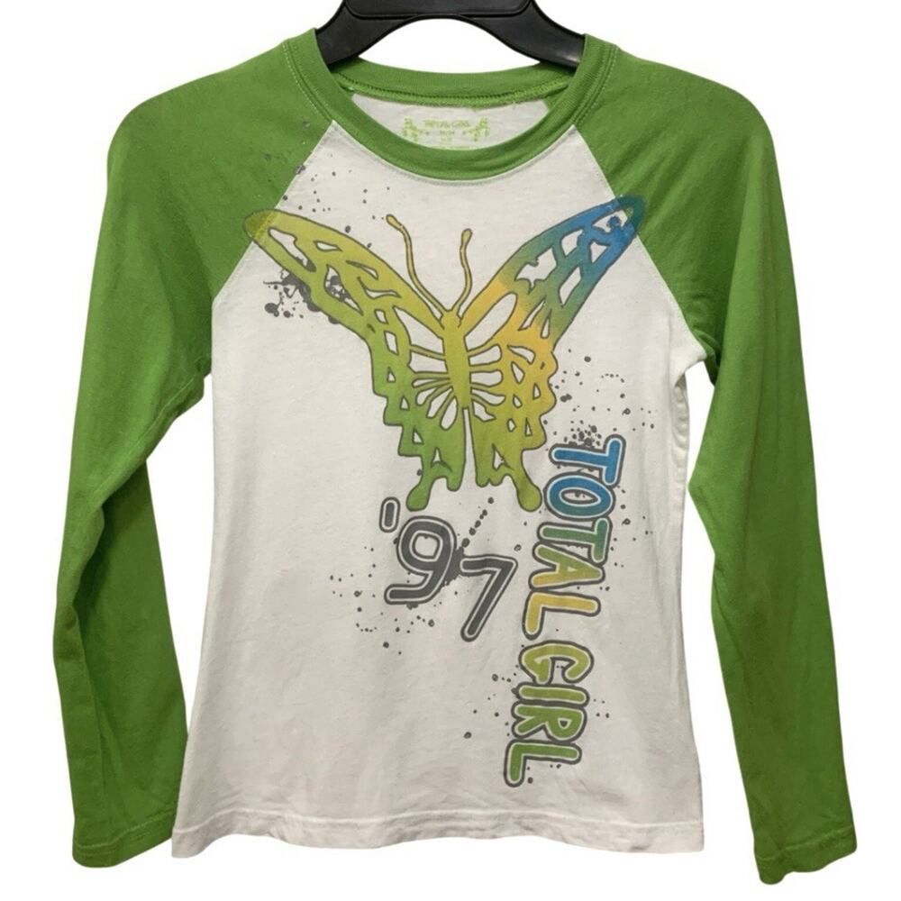 Vintage Y2K Butterfly Glitter Raglan T-Shirt Total Girl Size M 10/12 Lime Green